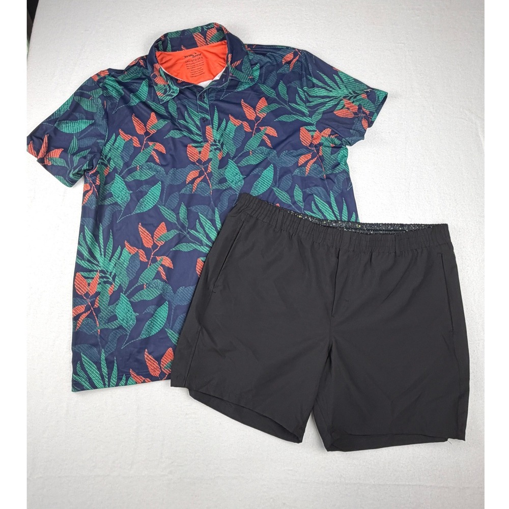 Birdie Bound Mens Golf Set Tropical Leaf Polo 2XL and Black Shorts XL Navy Green